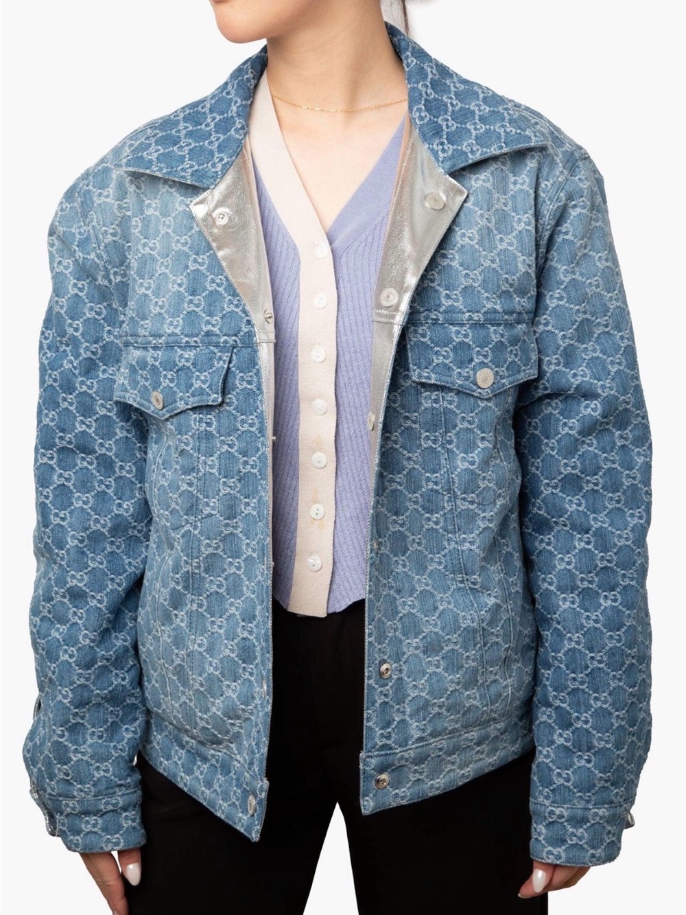 100% Authentic Gucci Blue and silver reversible Monogram Jean Jacket.